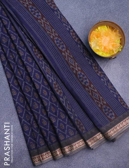 Muslin cotton saree navy blue and grey with allover ikkat prints and thread woven border