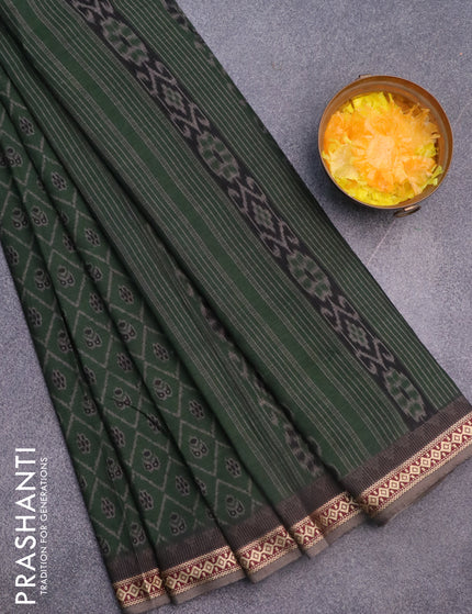 Muslin cotton saree sap green and grey with allover ikkat prints and thread woven border