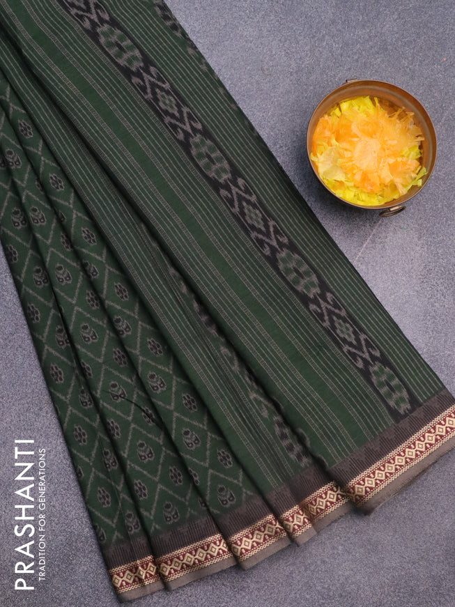 Muslin cotton saree sap green and grey with allover ikkat prints and thread woven border