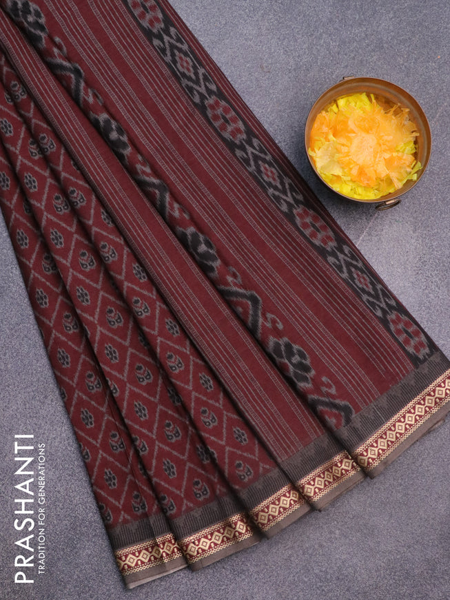 Muslin cotton saree maroon and grey with allover ikkat prints and thread woven border