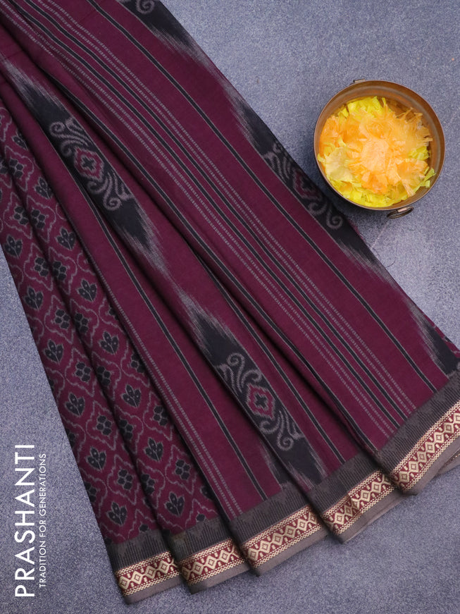 Muslin cotton saree dark magenta pink and grey with allover ikkat prints and thread woven border