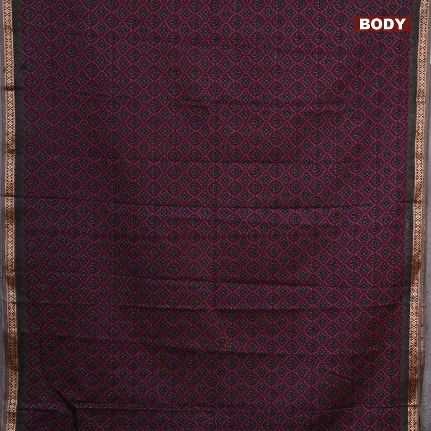 Muslin cotton saree dark magenta pink and grey with allover ikkat prints and thread woven border