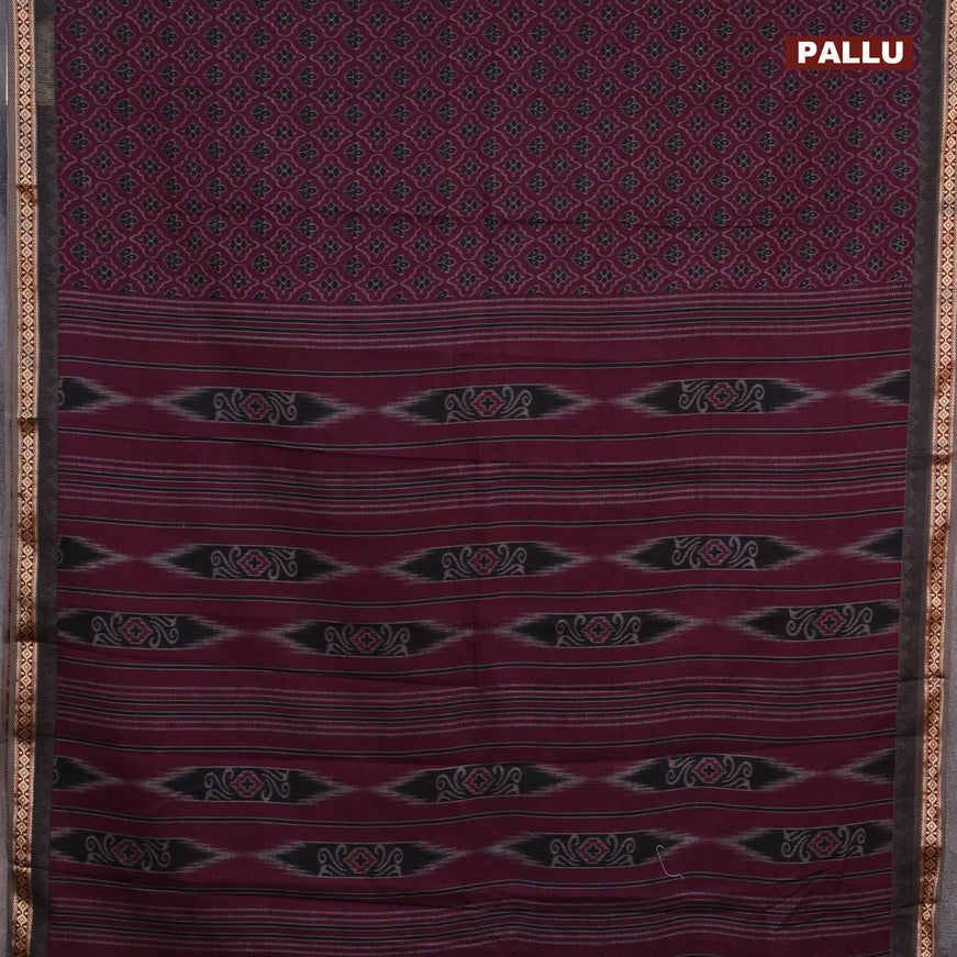 Muslin cotton saree dark magenta pink and grey with allover ikkat prints and thread woven border