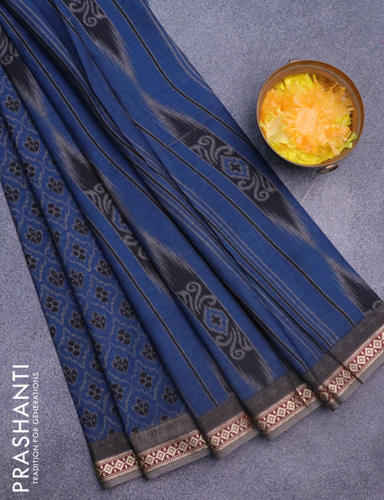 Muslin cotton saree blue and grey with allover ikkat prints and thread woven border