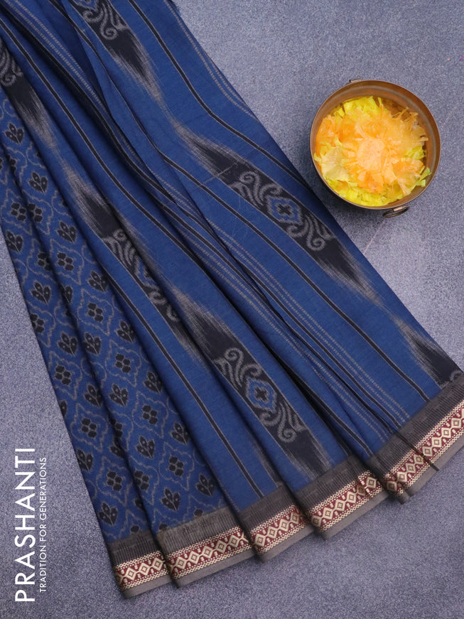 Muslin cotton saree blue and grey with allover ikkat prints and thread woven border