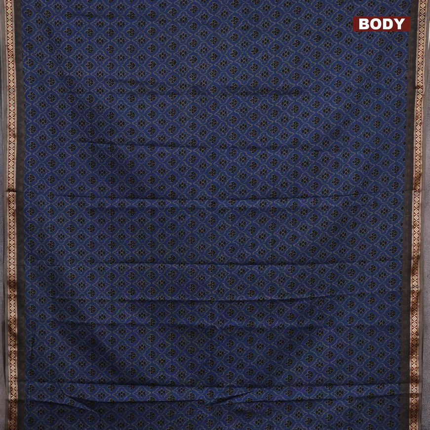 Muslin cotton saree blue and grey with allover ikkat prints and thread woven border