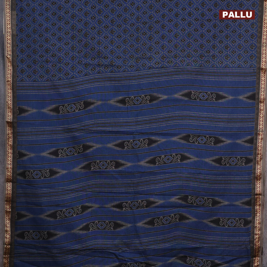 Muslin cotton saree blue and grey with allover ikkat prints and thread woven border