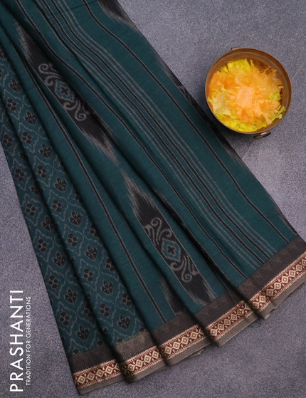 Muslin cotton saree peacock green and grey with allover ikkat prints and thread woven border