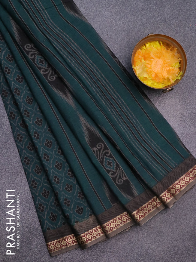 Muslin cotton saree peacock green and grey with allover ikkat prints and thread woven border