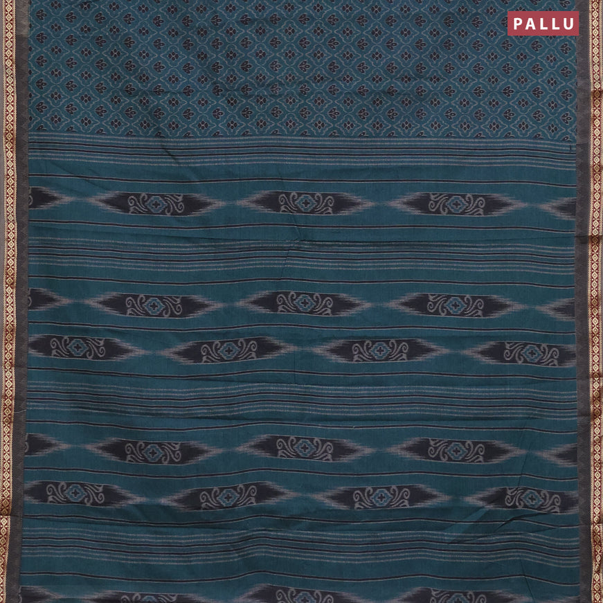 Muslin cotton saree peacock green and grey with allover ikkat prints and thread woven border