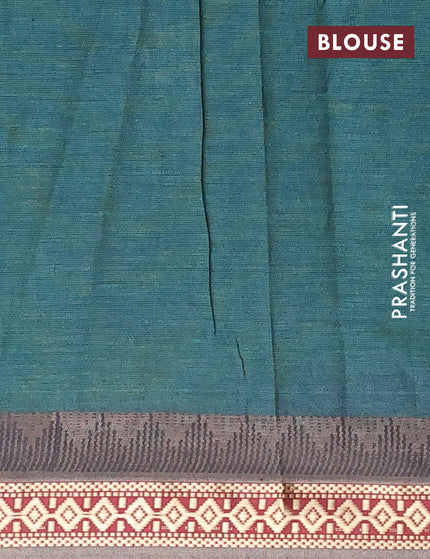 Muslin cotton saree peacock green and grey with allover ikkat prints and thread woven border