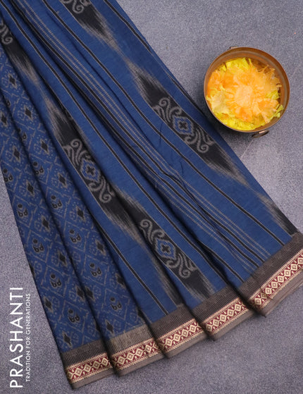 Muslin cotton saree blue and grey with allover ikkat prints and thread woven border