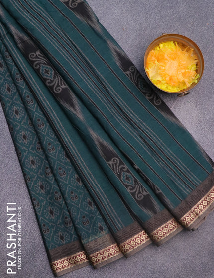 Muslin cotton saree peacock green and grey with allover ikkat prints and thread woven border