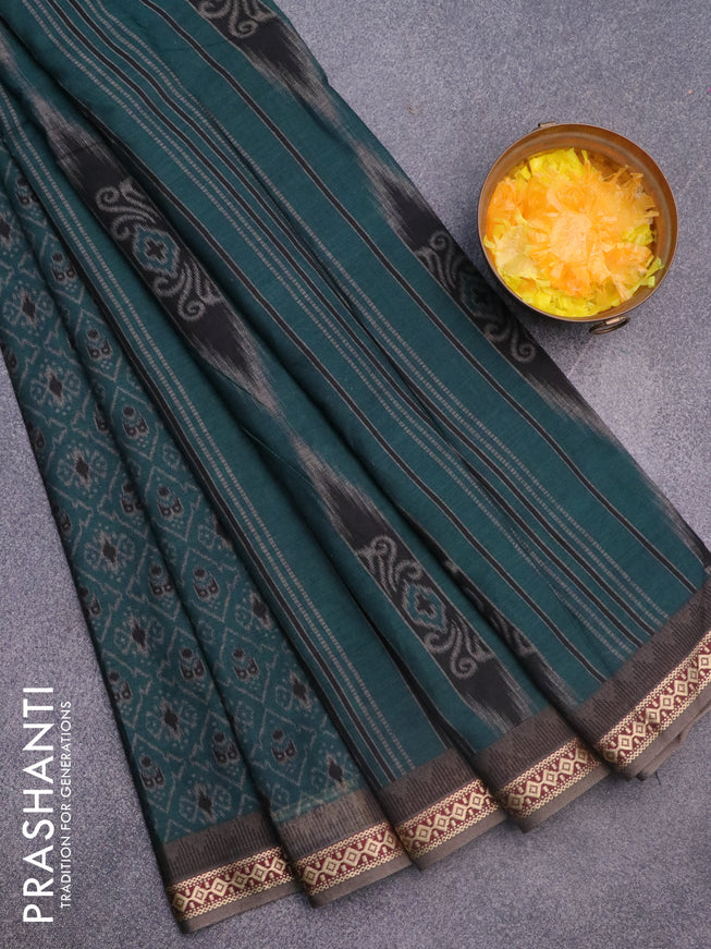 Muslin cotton saree peacock green and grey with allover ikkat prints and thread woven border