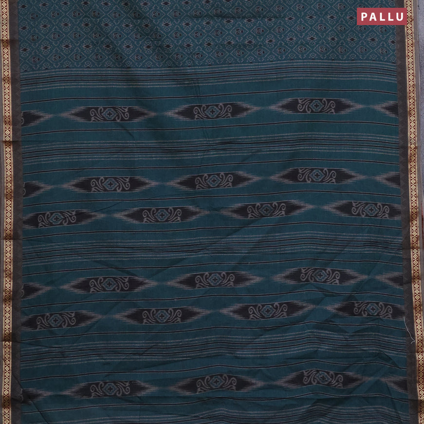 Muslin cotton saree peacock green and grey with allover ikkat prints and thread woven border