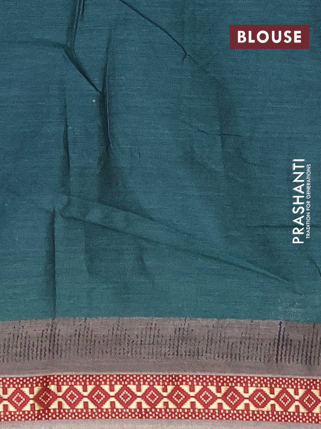 Muslin cotton saree peacock green and grey with allover ikkat prints and thread woven border