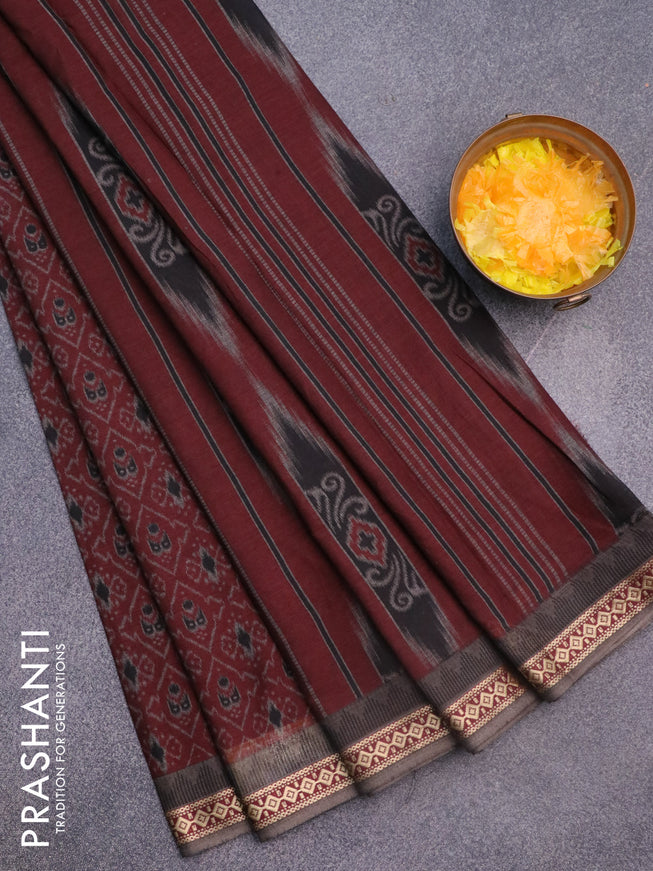 Muslin cotton saree maroon and grey with allover ikkat prints and thread woven border