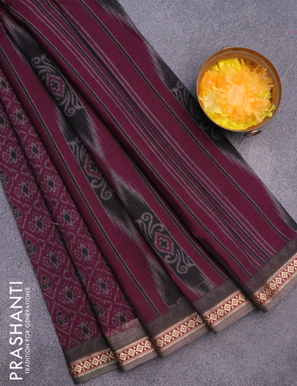 Muslin cotton saree dark magenta pink and grey with allover ikkat prints and thread woven border