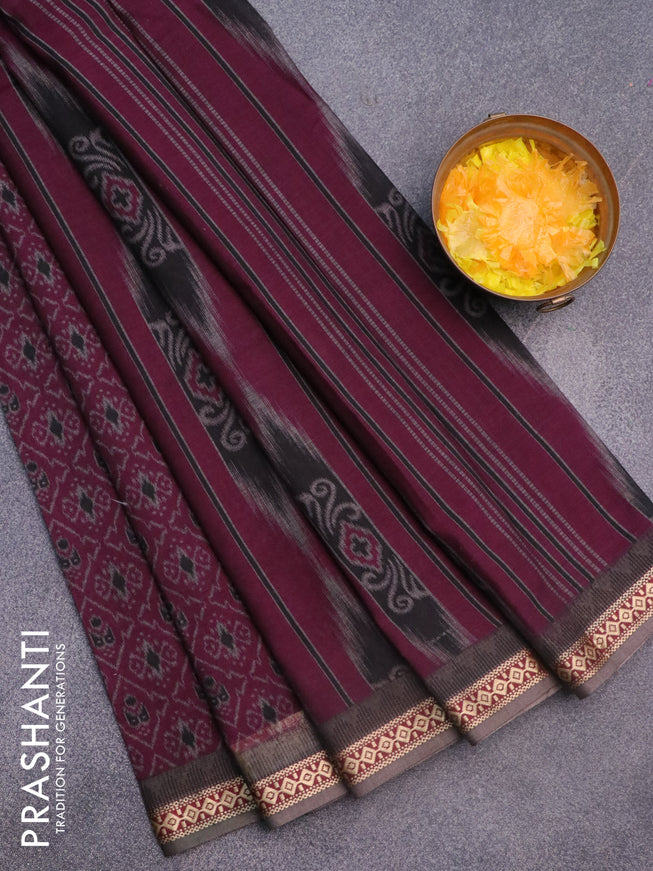 Muslin cotton saree dark magenta pink and grey with allover ikkat prints and thread woven border