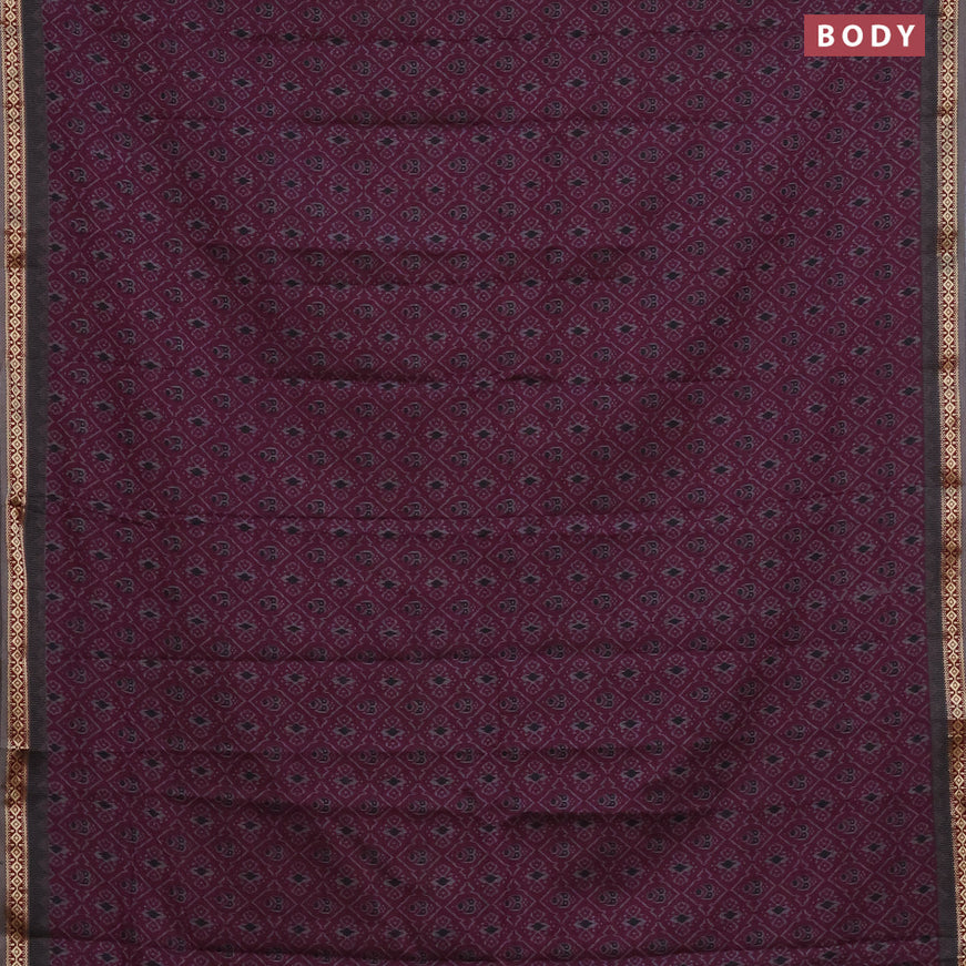 Muslin cotton saree dark magenta pink and grey with allover ikkat prints and thread woven border