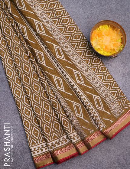 Muslin cotton saree mehendi green and maroon with allover prints and thread woven border