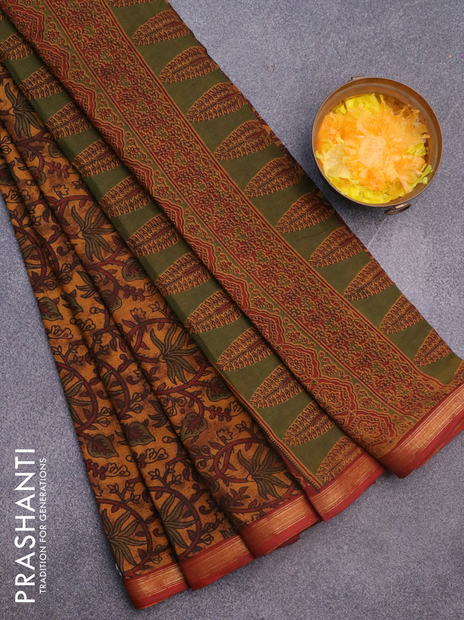 Muslin cotton saree dark mustard and maroon with allover floral prints and small zari woven border