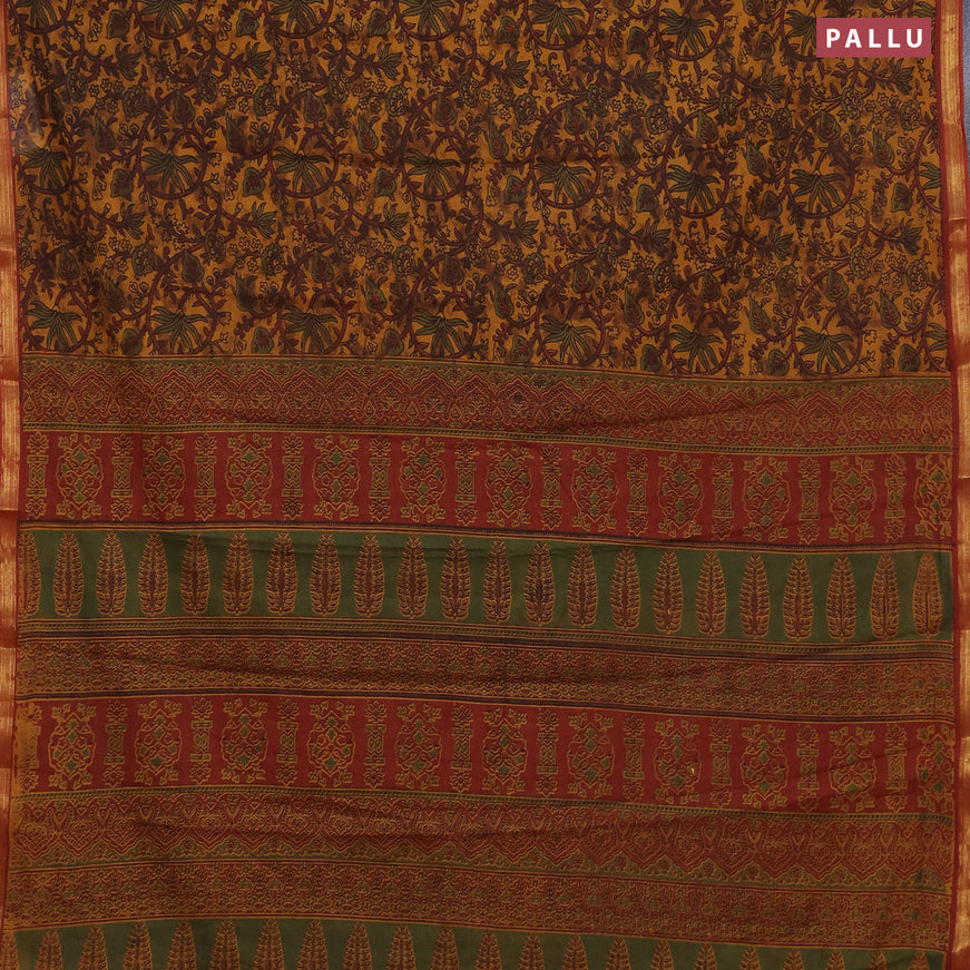 Muslin cotton saree dark mustard and maroon with allover floral prints and small zari woven border