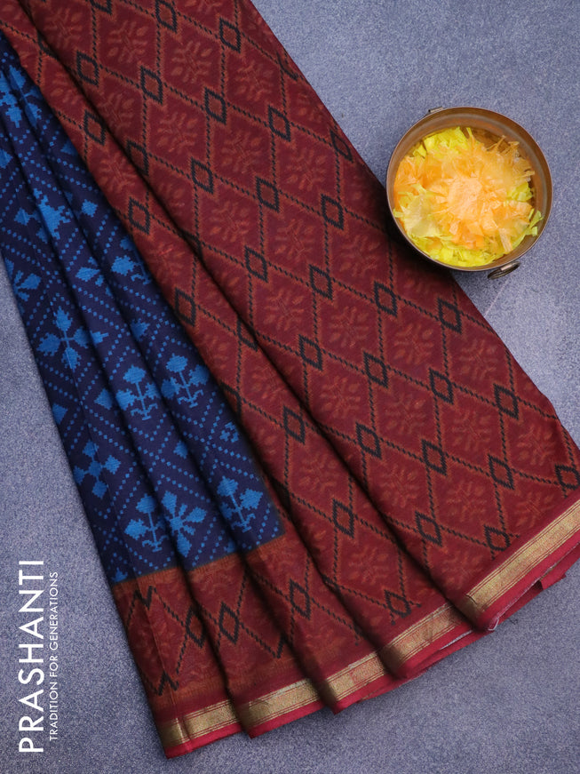 Muslin cotton saree navy blue and maroon with allover ikkat prints and small zari woven border