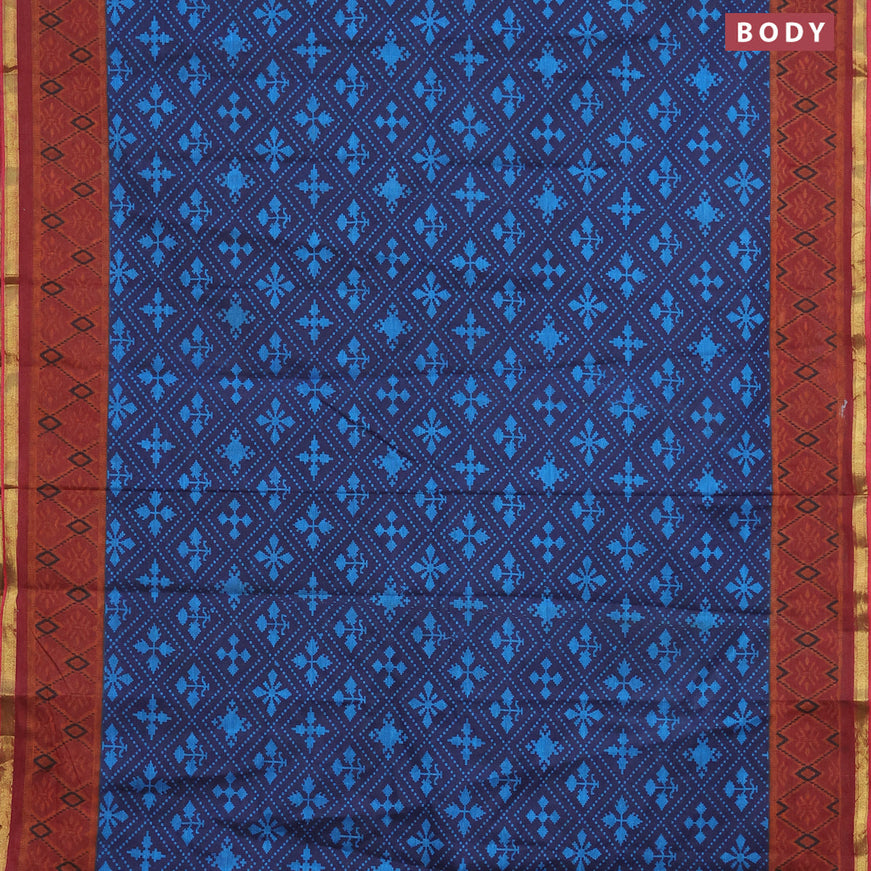 Muslin cotton saree navy blue and maroon with allover ikkat prints and small zari woven border