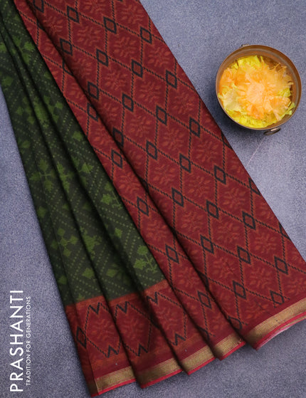 Muslin cotton saree maroon and black grey with allover ikkat prints and small zari woven border