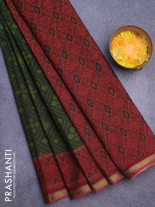 Muslin cotton saree maroon and black grey with allover ikkat prints and small zari woven border