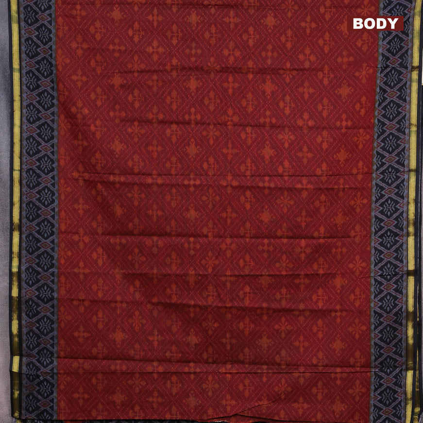 Muslin cotton saree maroon and black grey with allover ikkat prints and small zari woven border