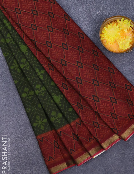 Muslin cotton saree sap green and maroon with allover ikkat prints and small zari woven border