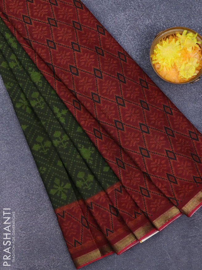 Muslin cotton saree sap green and maroon with allover ikkat prints and small zari woven border