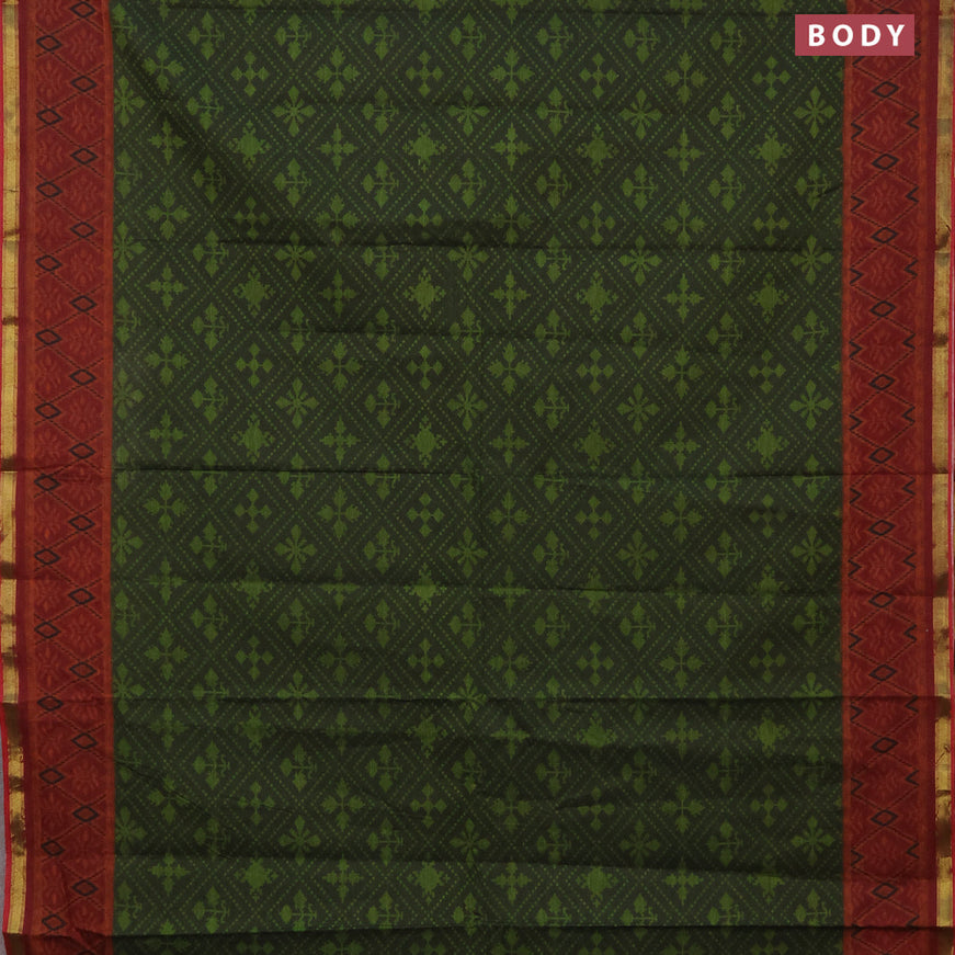 Muslin cotton saree sap green and maroon with allover ikkat prints and small zari woven border