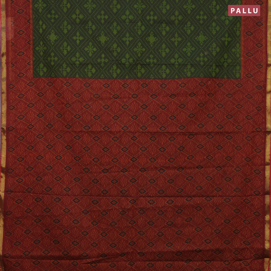 Muslin cotton saree sap green and maroon with allover ikkat prints and small zari woven border