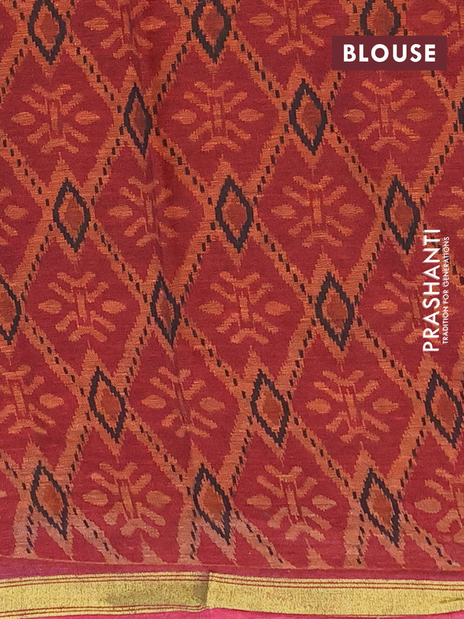 Muslin cotton saree sap green and maroon with allover ikkat prints and small zari woven border