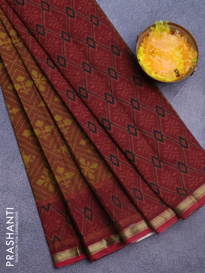 Muslin cotton saree rustic brown and maroon with allover ikkat prints and small zari woven border