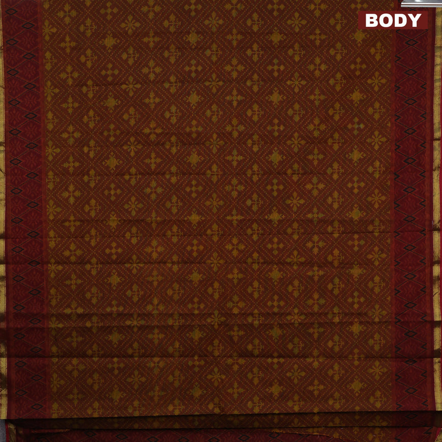 Muslin cotton saree rustic brown and maroon with allover ikkat prints and small zari woven border