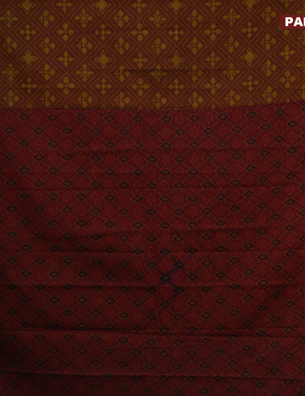 Muslin cotton saree rustic brown and maroon with allover ikkat prints and small zari woven border