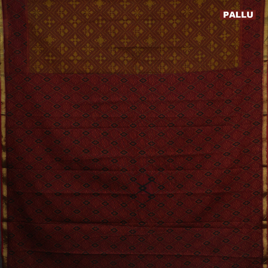 Muslin cotton saree rustic brown and maroon with allover ikkat prints and small zari woven border