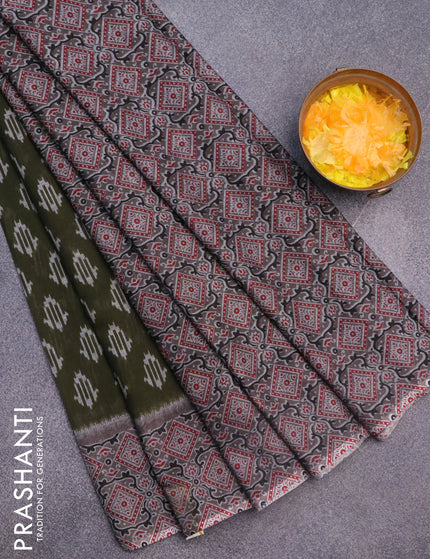 Muslin cotton saree sap green and grey with allover ikkat butta prints and ajrakh printed border