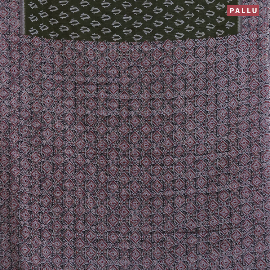 Muslin cotton saree sap green and grey with allover ikkat butta prints and ajrakh printed border