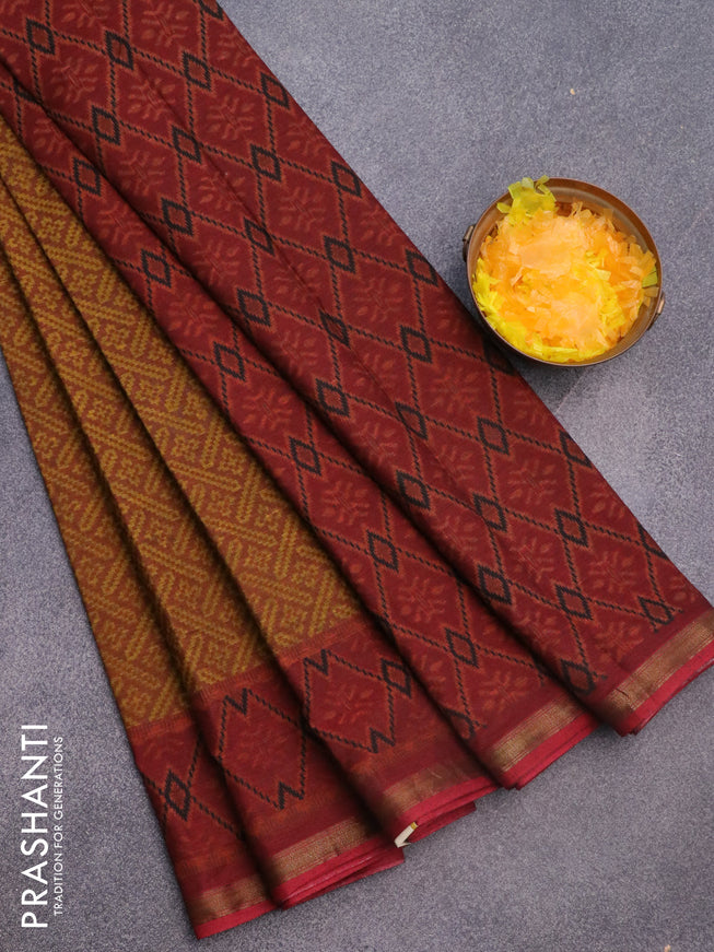 Muslin cotton saree rustic brown and maroon with allover ikkat prints and small zari woven border