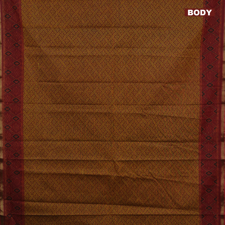 Muslin cotton saree rustic brown and maroon with allover ikkat prints and small zari woven border