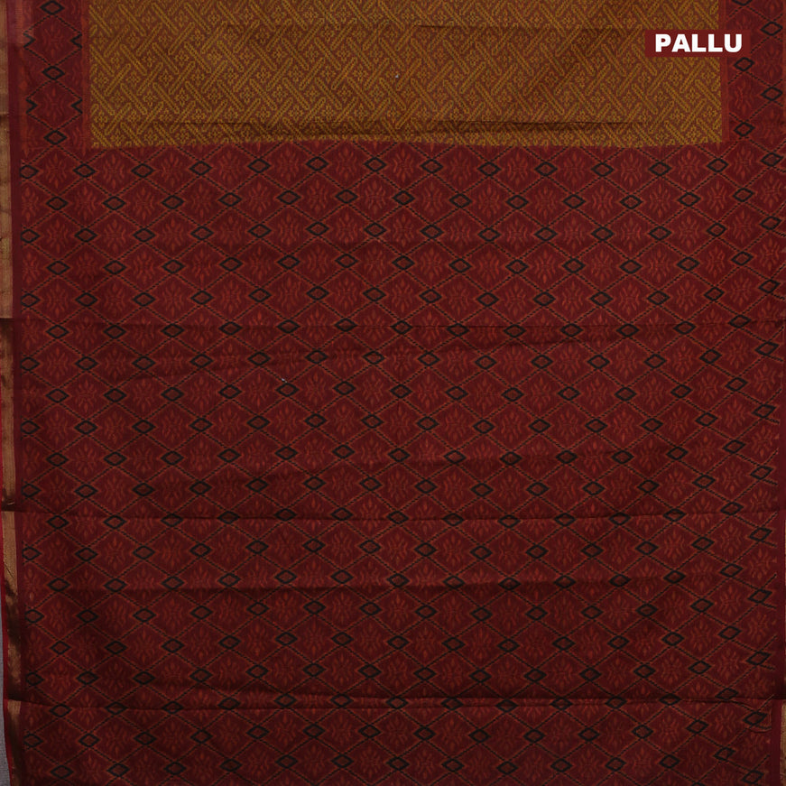 Muslin cotton saree rustic brown and maroon with allover ikkat prints and small zari woven border