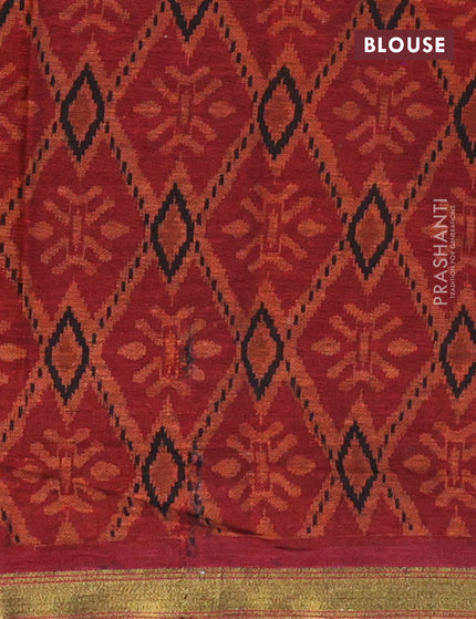 Muslin cotton saree rustic brown and maroon with allover ikkat prints and small zari woven border