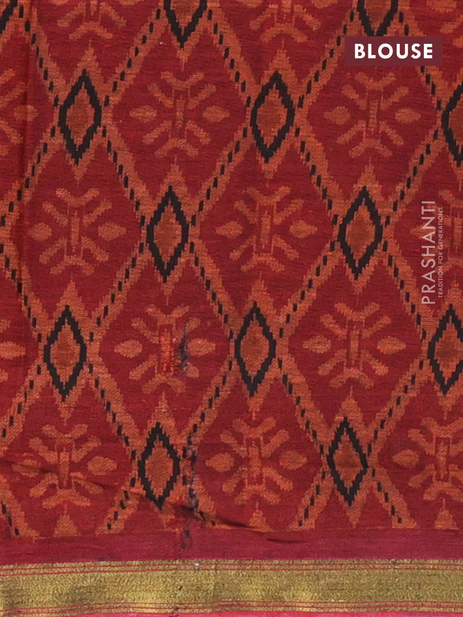 Muslin cotton saree rustic brown and maroon with allover ikkat prints and small zari woven border