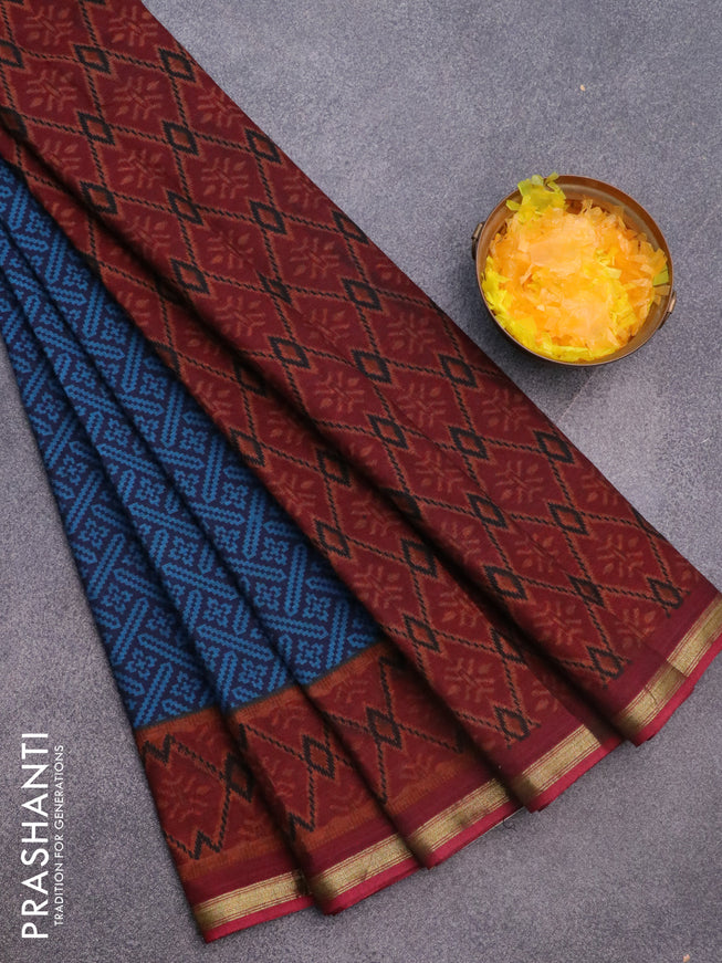 Muslin cotton saree navy blue and maroon with allover ikkat prints and small zari woven border