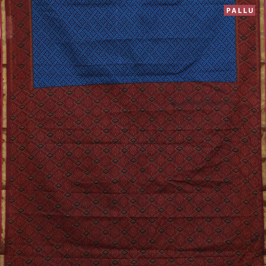 Muslin cotton saree navy blue and maroon with allover ikkat prints and small zari woven border